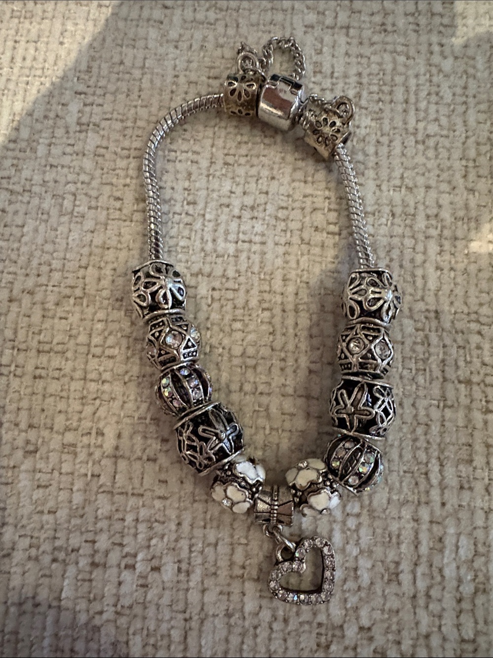 Sterling Silver Heart Charm Beaded Bracelet - Silver